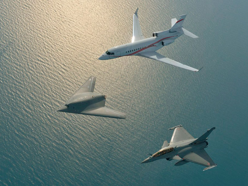 nEUROn Flies in Formation with Rafale and Falcon 7X Jets